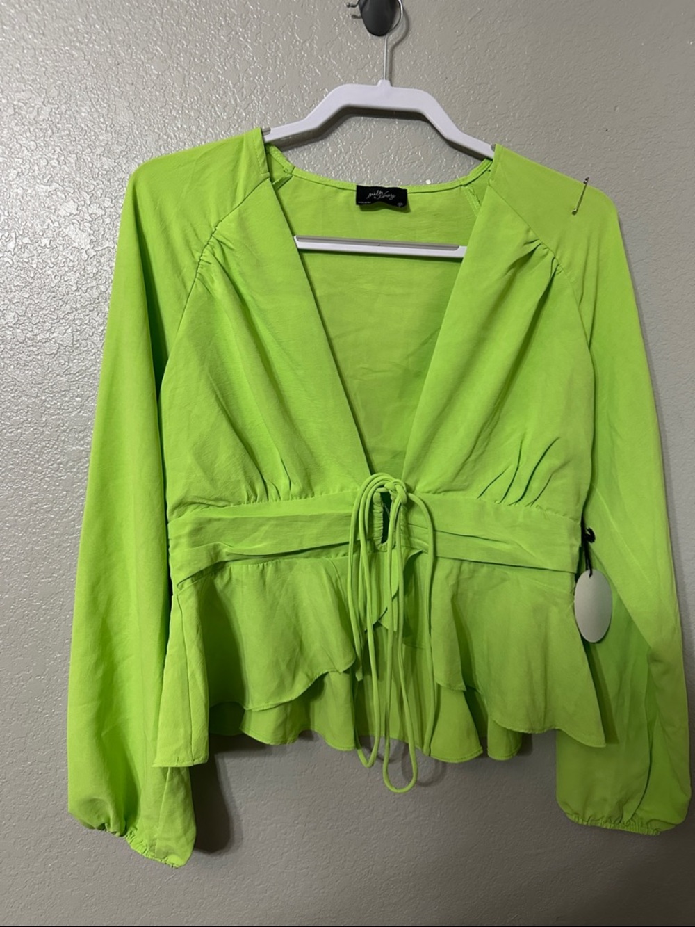 Neon Green Tie-Front Peplum Blouse - Women